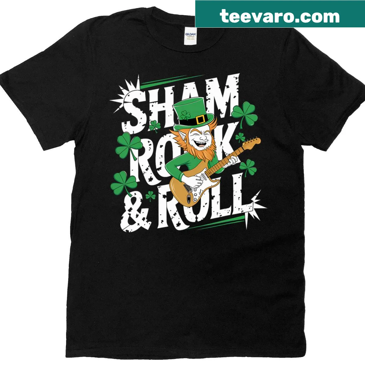 Funny design featuring a shamrock guitar for St. Patrick's Day — on a men's t-shirt