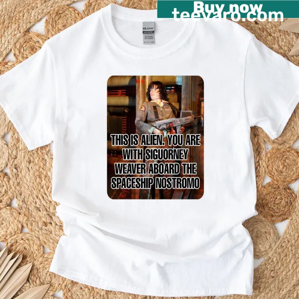 Illustration of Sigourney Weaver aboard the Nostromo on a t-shirt