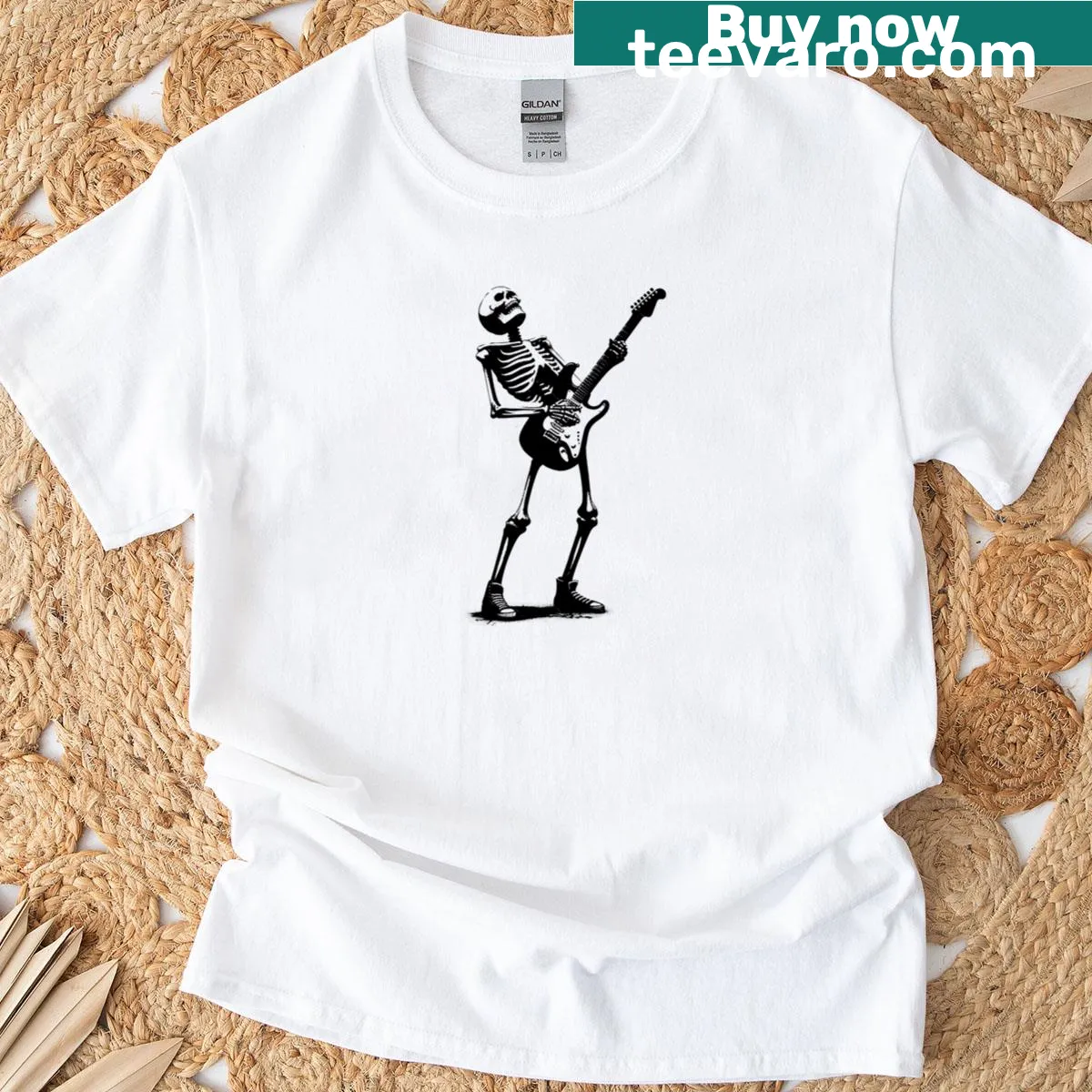 Graffiti-style T-shirt featuring a skeleton guitarist — on a men's t-shirt