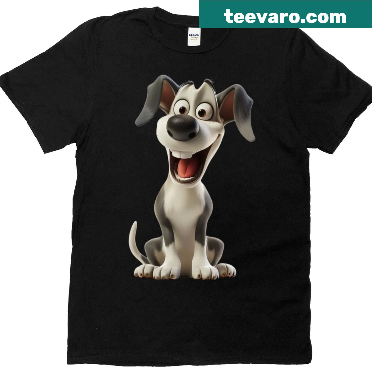 Illustrative T-shirt featuring a smiling dog — on a men's t-shirt