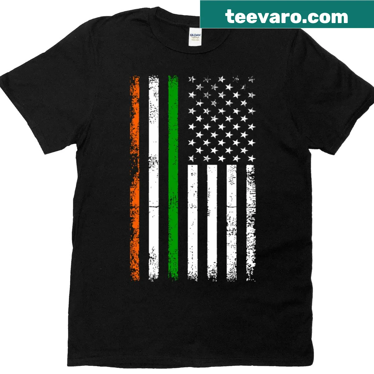 T-shirt featuring an artistic Irish American flag design for St. Patrick's Day — on a men's t-shirt