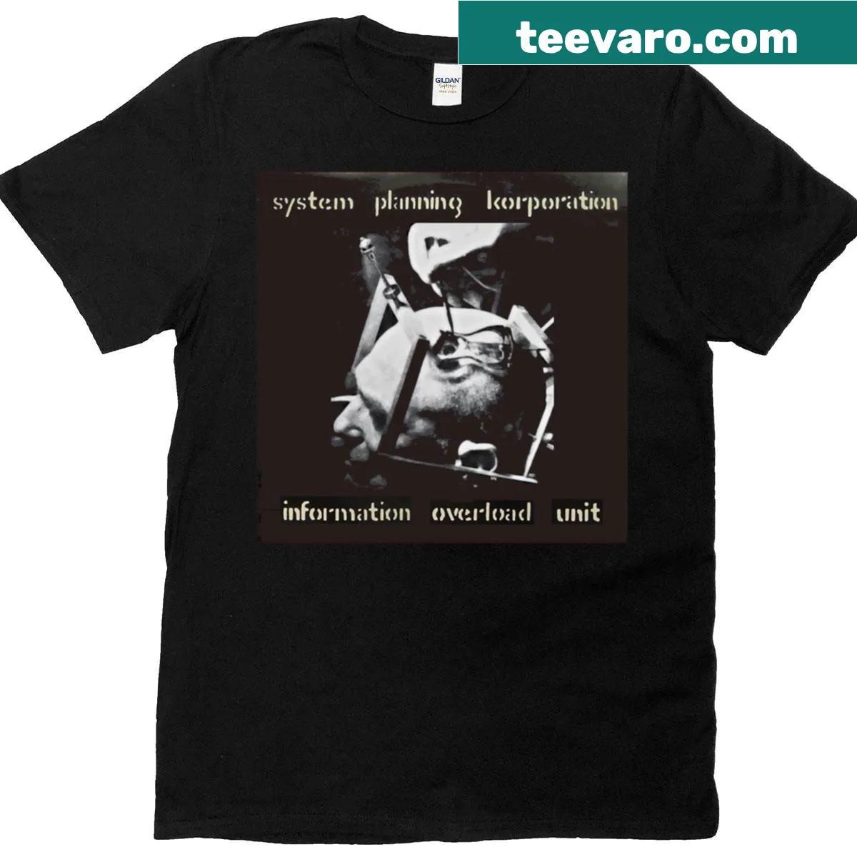 Badge-emblem t-shirt representing System Planning Korporation — on a men's t-shirt