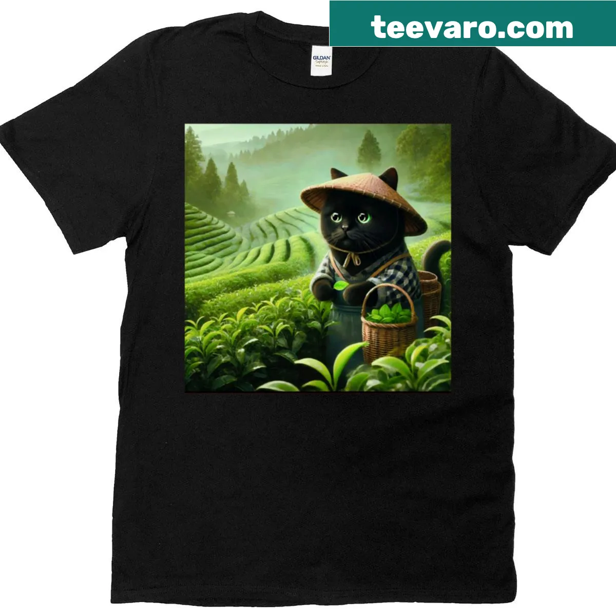 Whimsical cat illustration at tea time in green hills — on a men's t-shirt