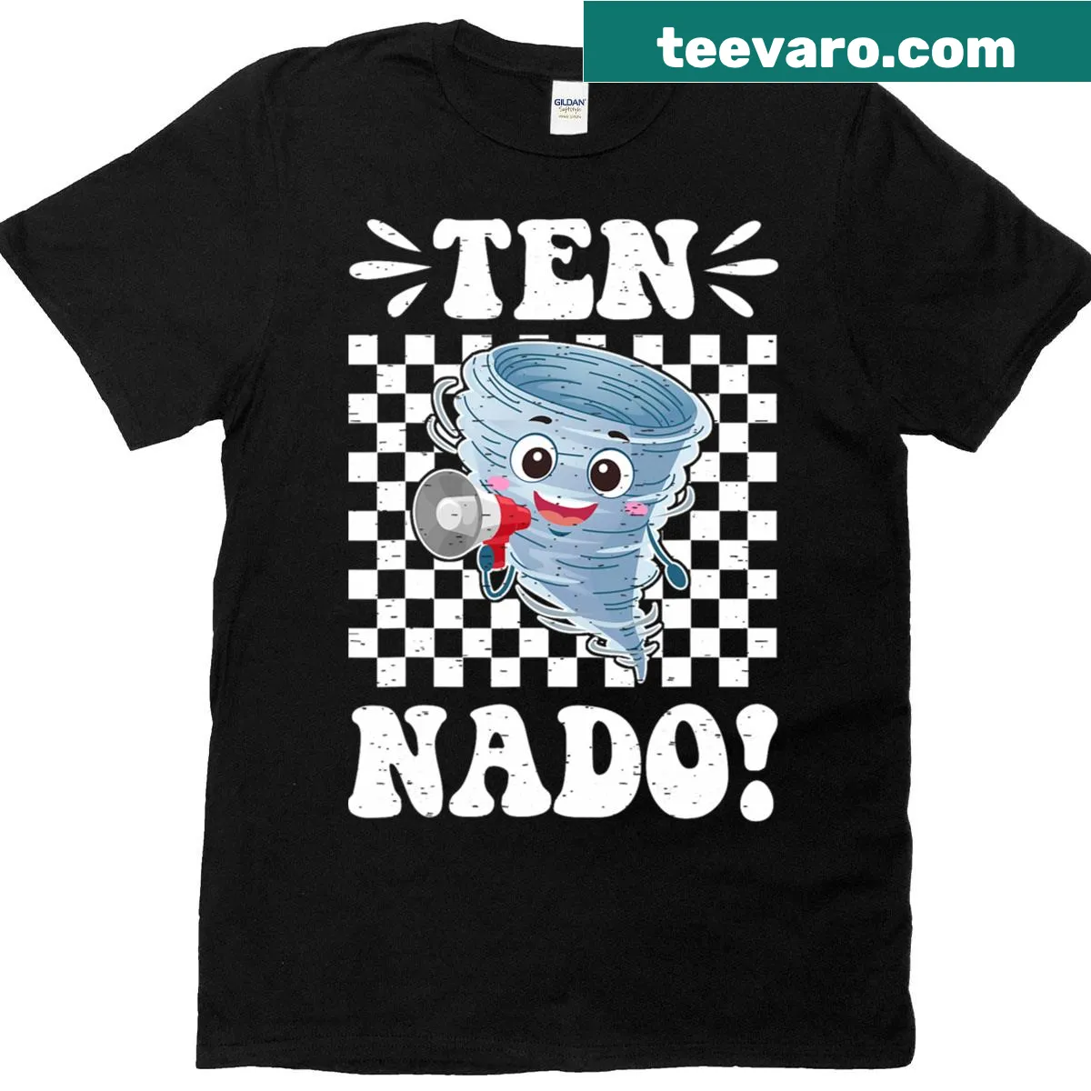 Cartoon T-shirt for kids with a groovy tornado design — on a men's t-shirt