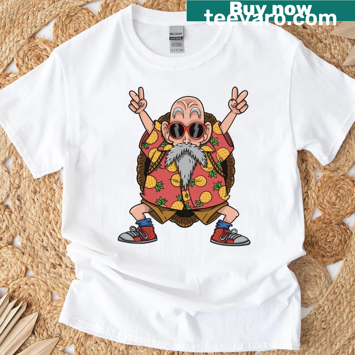 Funny T-shirt with Turtle Hermit Roshi enjoying a fruity scene — on a men's t-shirt