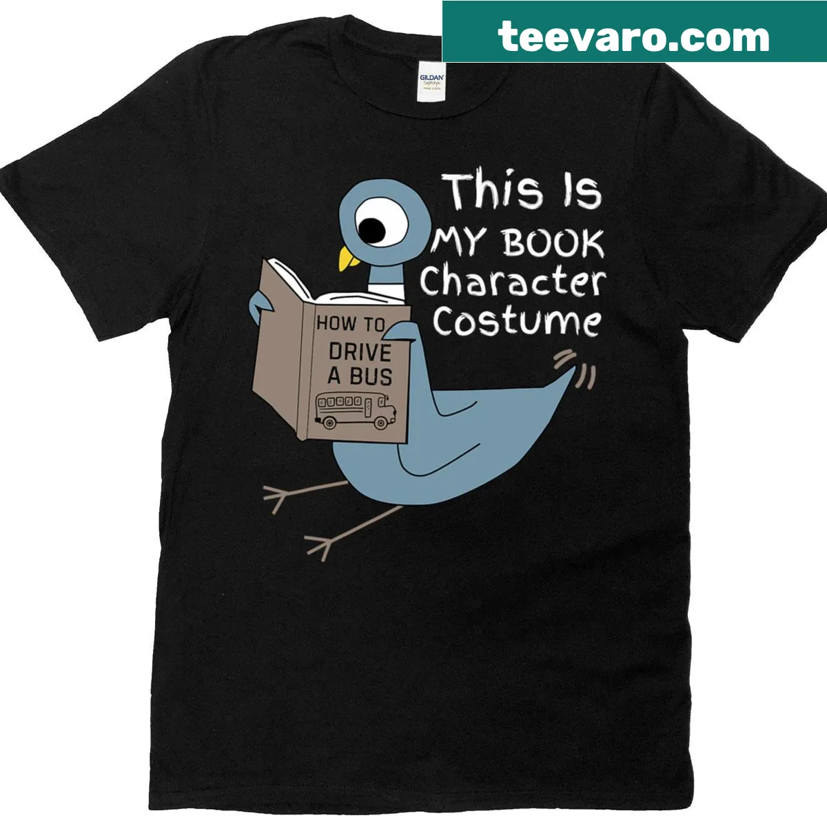 Funny kids t-shirt with text about book character costumes and pigeons — on a men's t-shirt