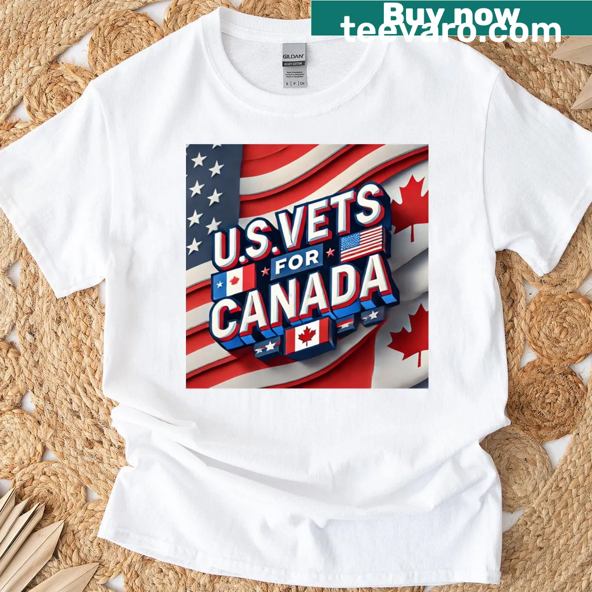 Veterans t-shirt featuring Us Vets For Canada with illustrative design — on a men's t-shirt