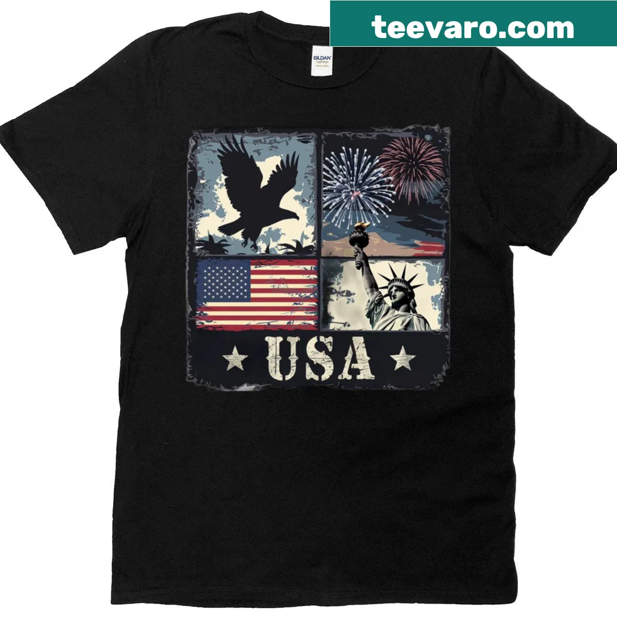 Patriotic T-shirt featuring eagle, fireworks, and Statue of Liberty — on a men's t-shirt