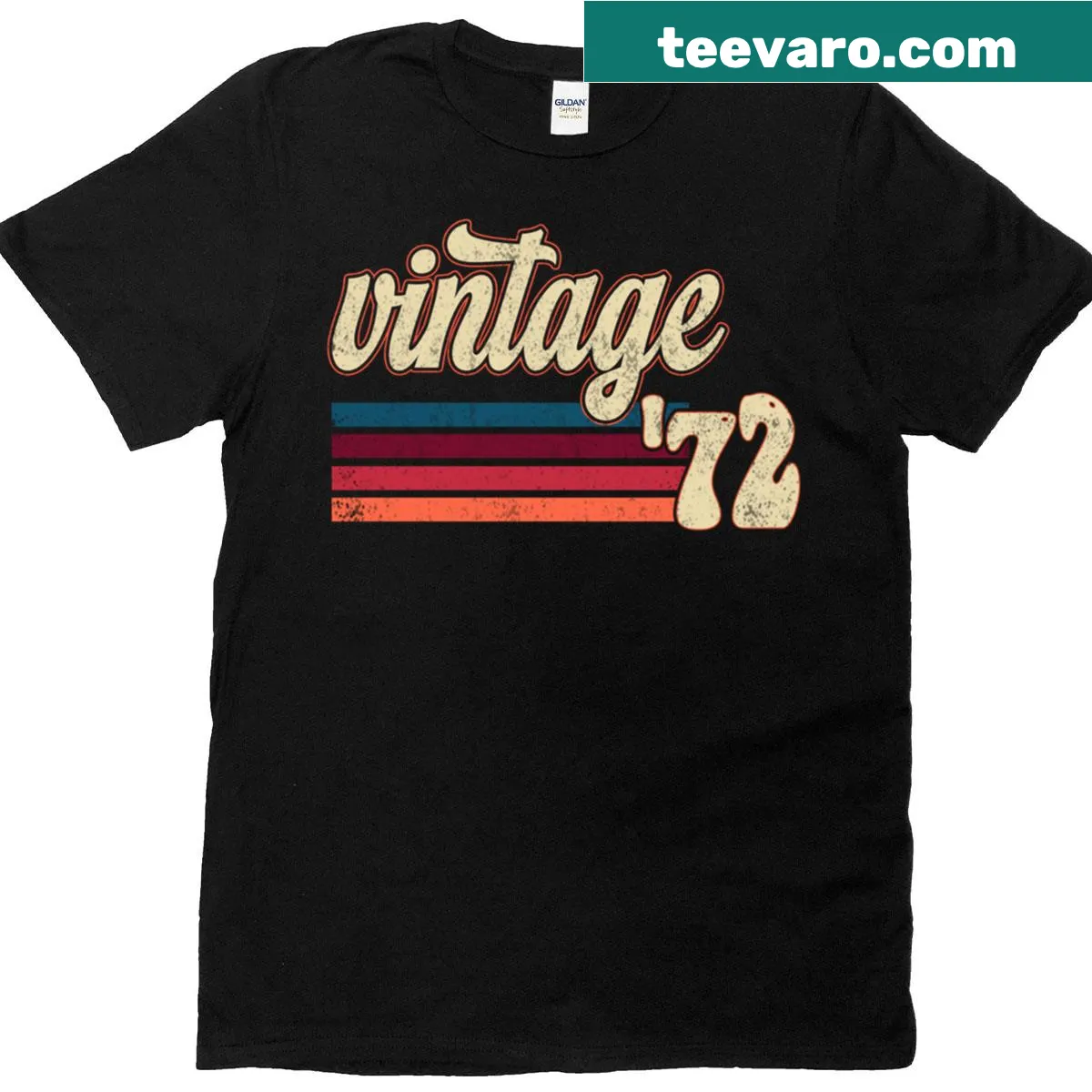 Vintage 1972 birthday T-shirt with retro stripes — on a men's t-shirt