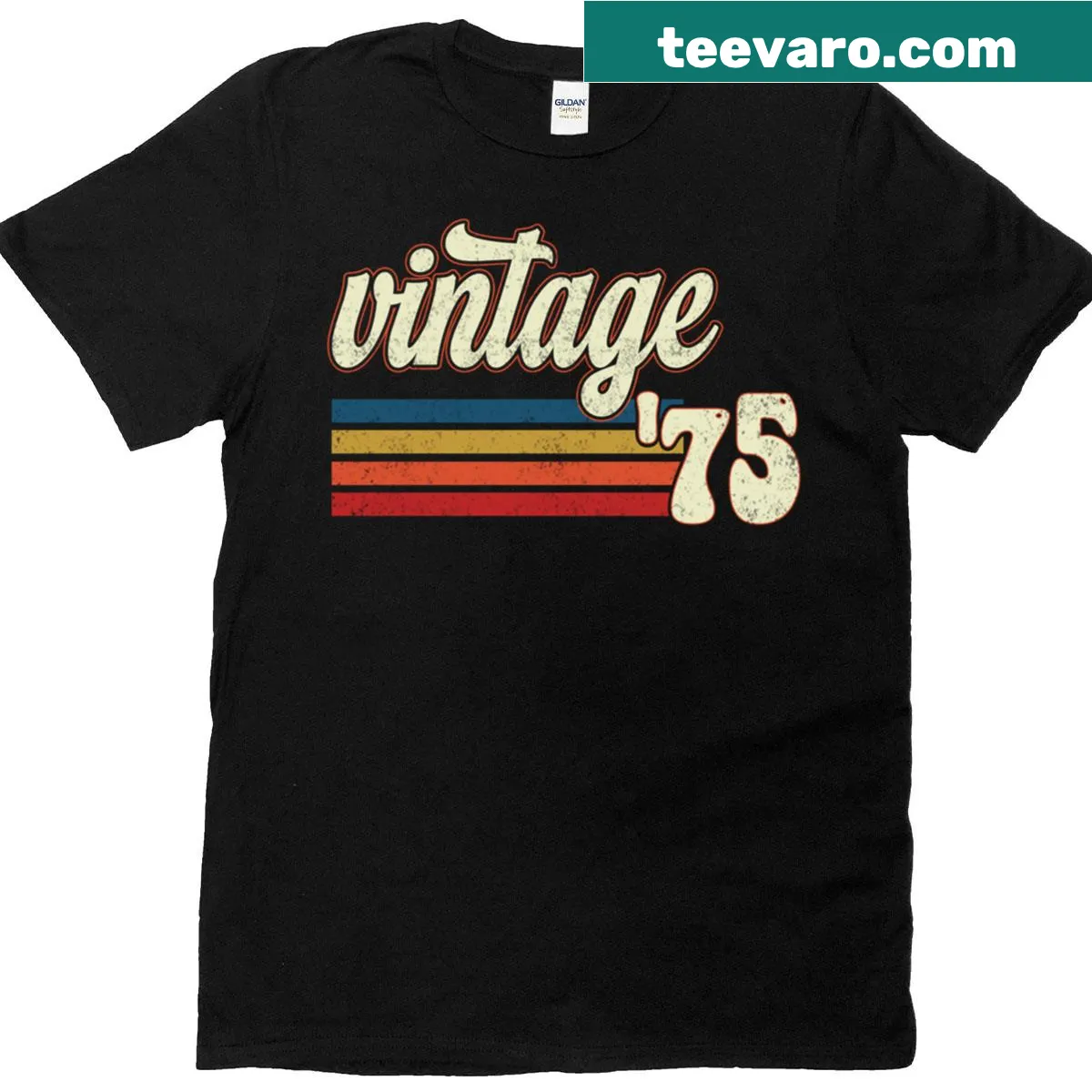 Vintage 1975 birthday t-shirt with retro stripes — on a men's t-shirt