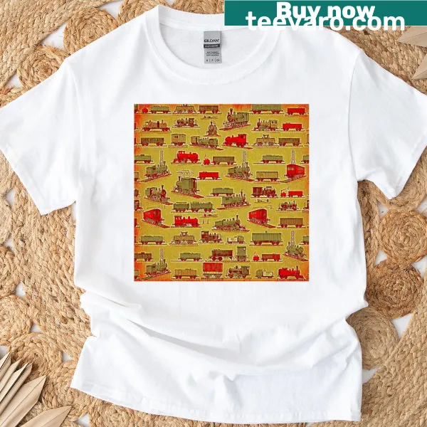 Vintage t-shirt featuring illustrations of classic trains