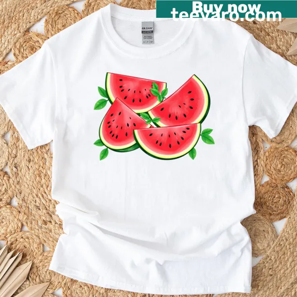 Illustration of watermelon slices with leaves on a T-shirt