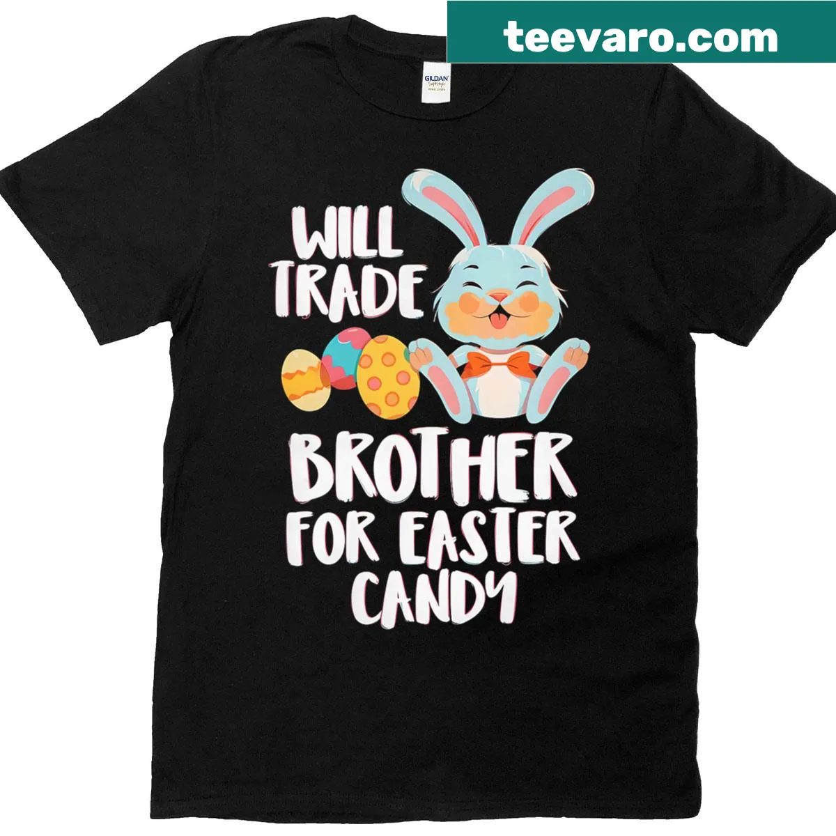 Funny Easter-themed kids t-shirt with 'Will Trade Brother For Easter Candy' text — on a men's t-shirt