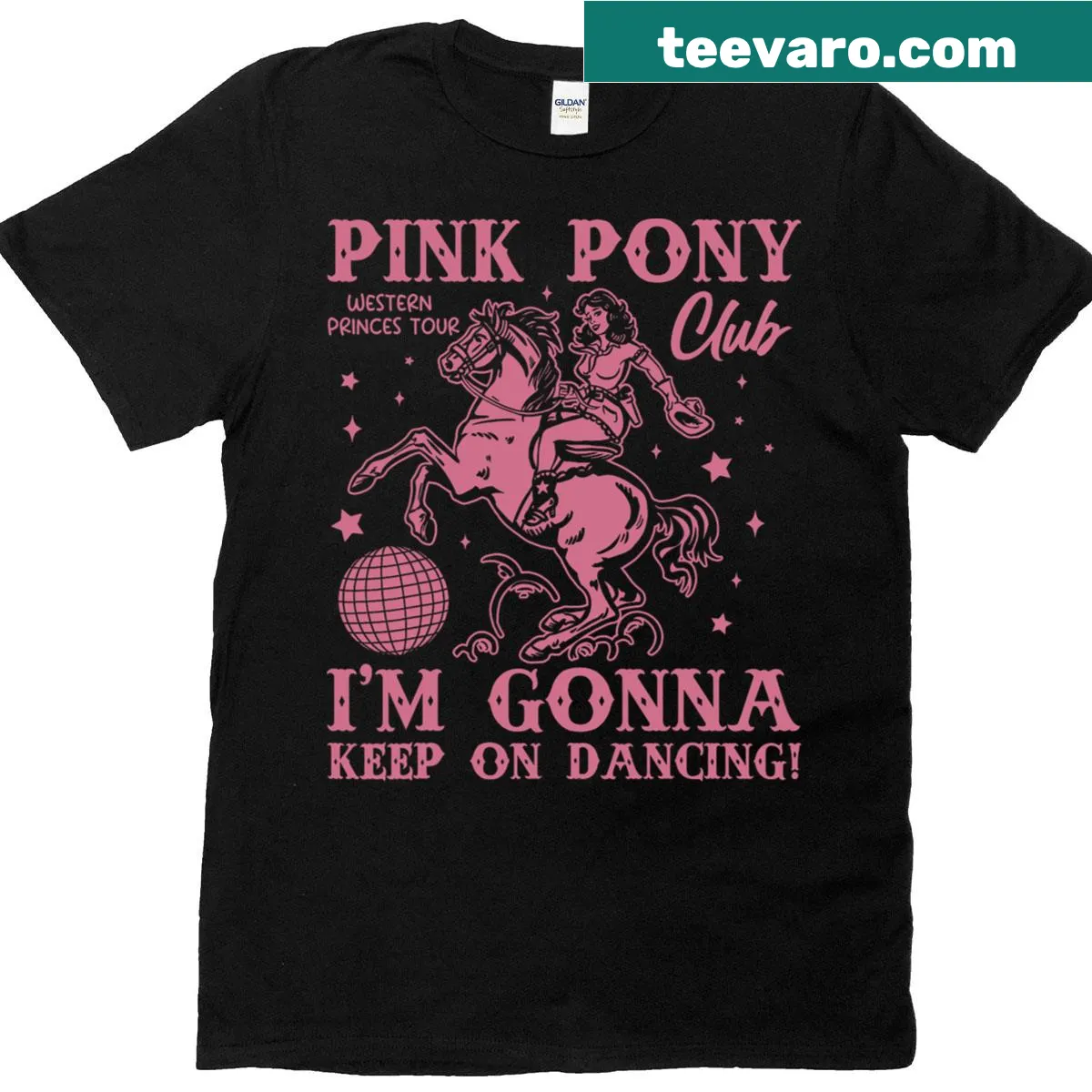 Retro graphic of a cowgirl and pony on T-shirt — on a men's t-shirt