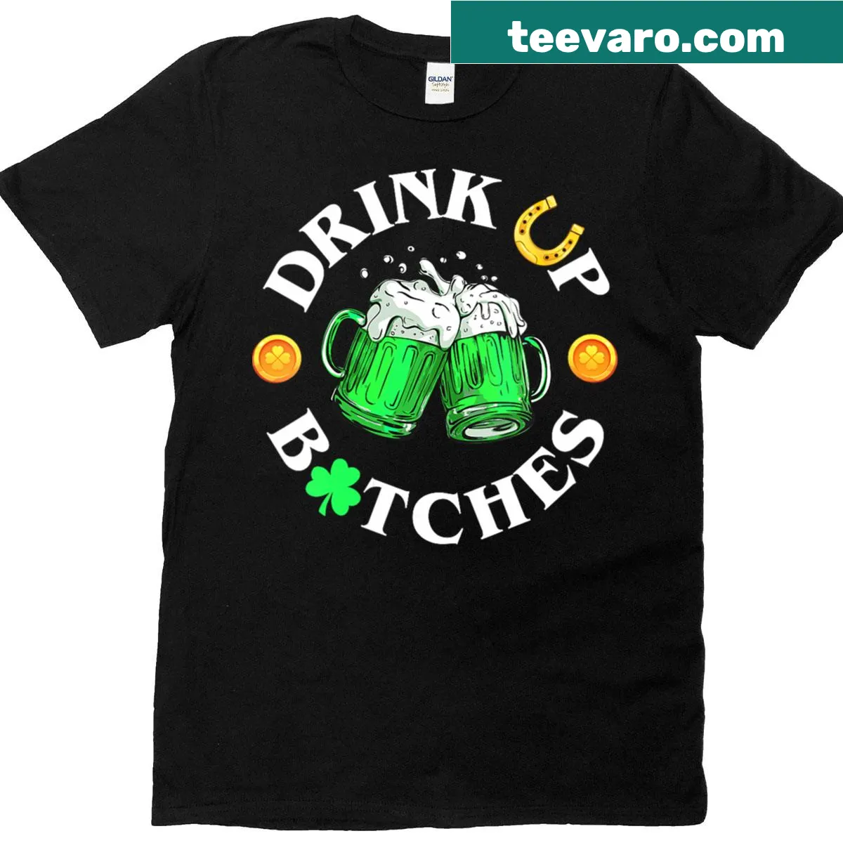 Funny St Patrick's Day shirt with 'Bitches Drink Up' text — on a men's t-shirt