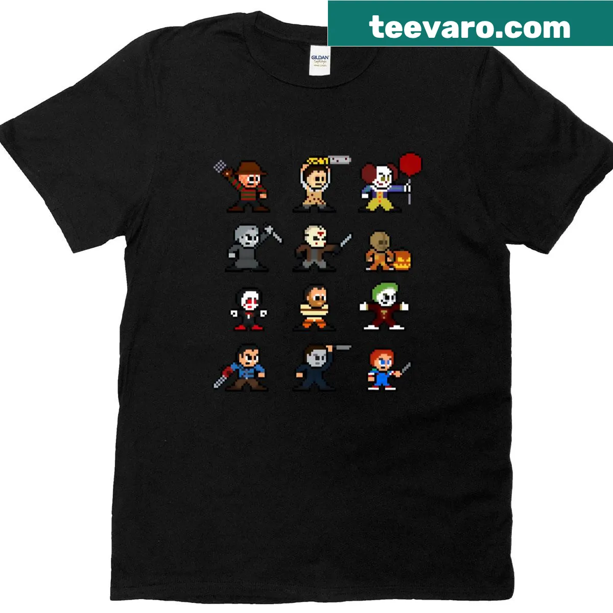 Vintage-style T-shirt featuring 80s horror movie villains — on a men's t-shirt