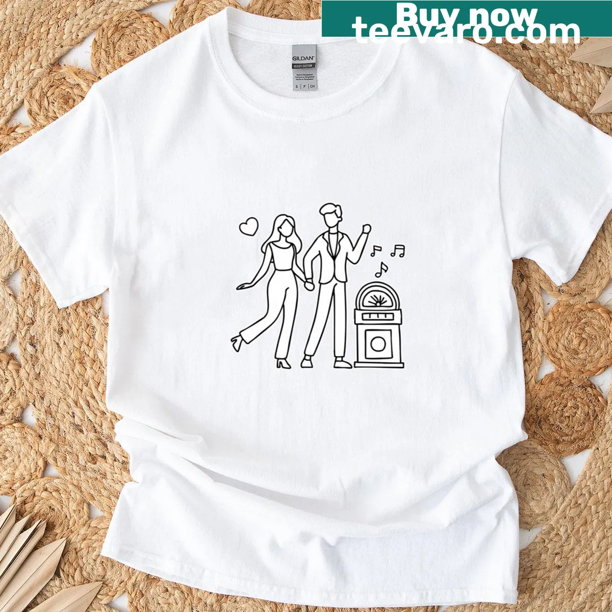 Illustrated T-shirt of a couple dancing by a jukebox — on a men's t-shirt