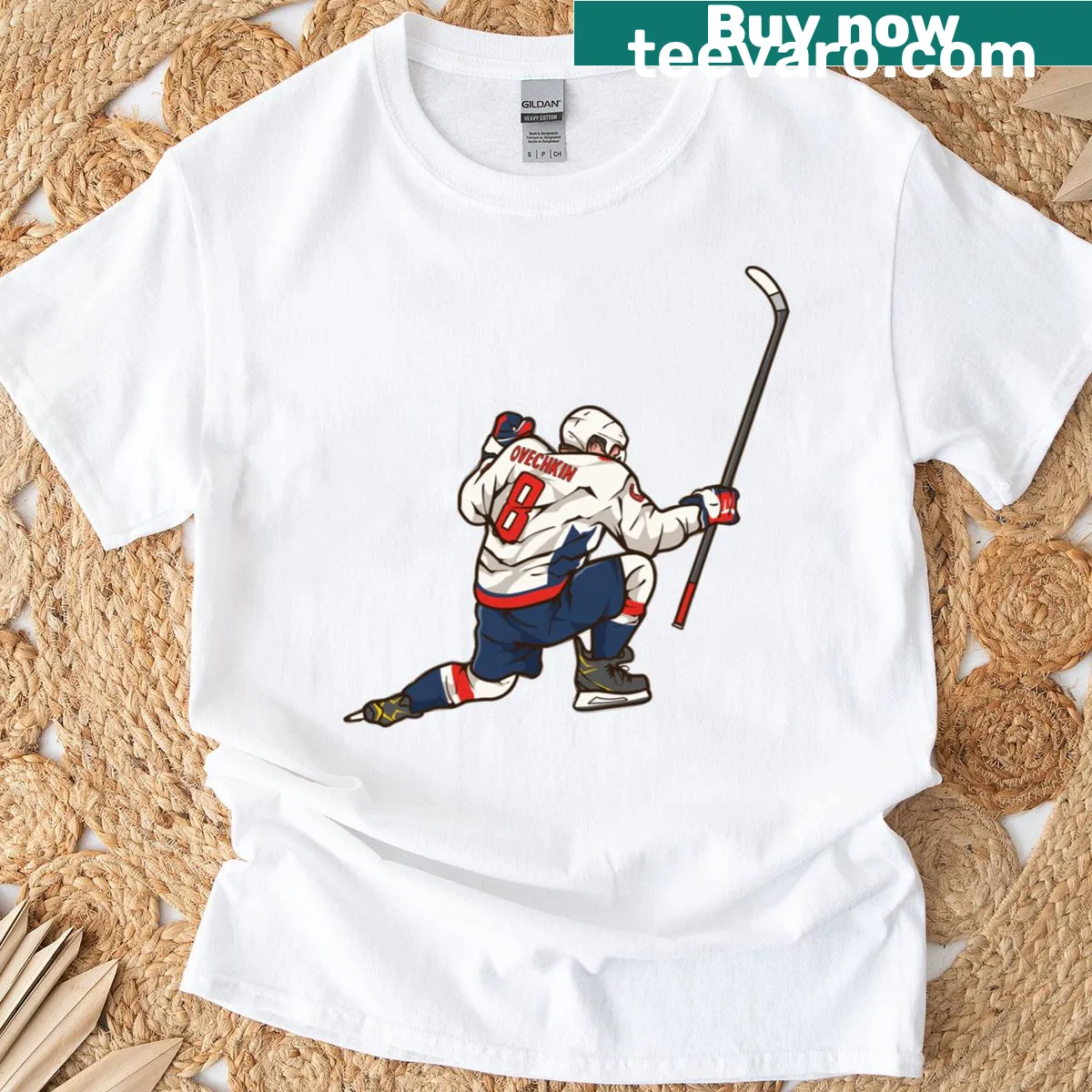 Cartoon T-shirt featuring Alex Ovechkin celebrating — on a men's t-shirt