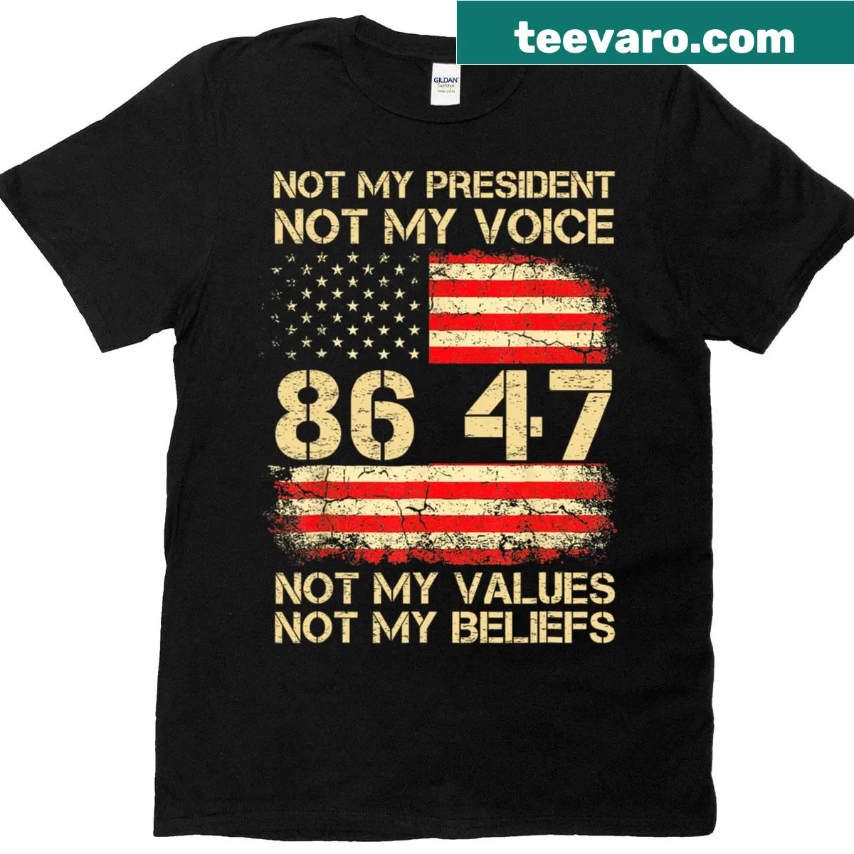 Funny anti-Trump T-shirt featuring American flag and 'Not My President' text — on a men's t-shirt