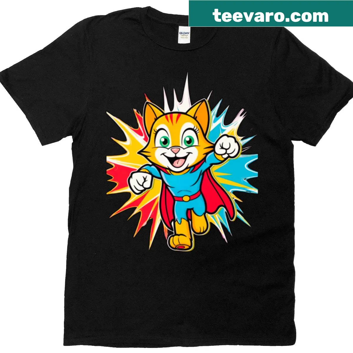 Cartoon cat superhero design on a t-shirt — on a men's t-shirt