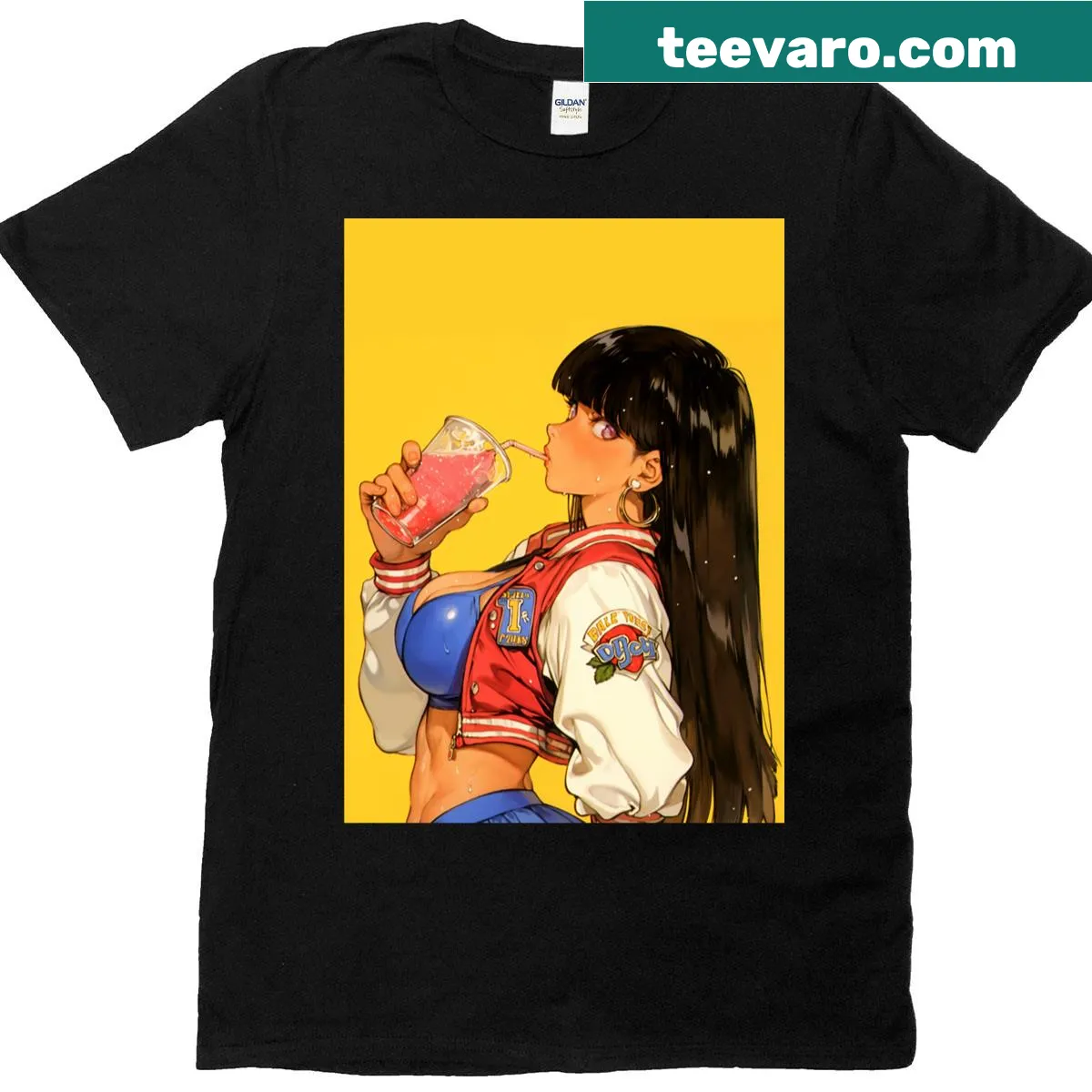 Anime waifu character holding a juice drink illustrated on a T-shirt — on a men's t-shirt