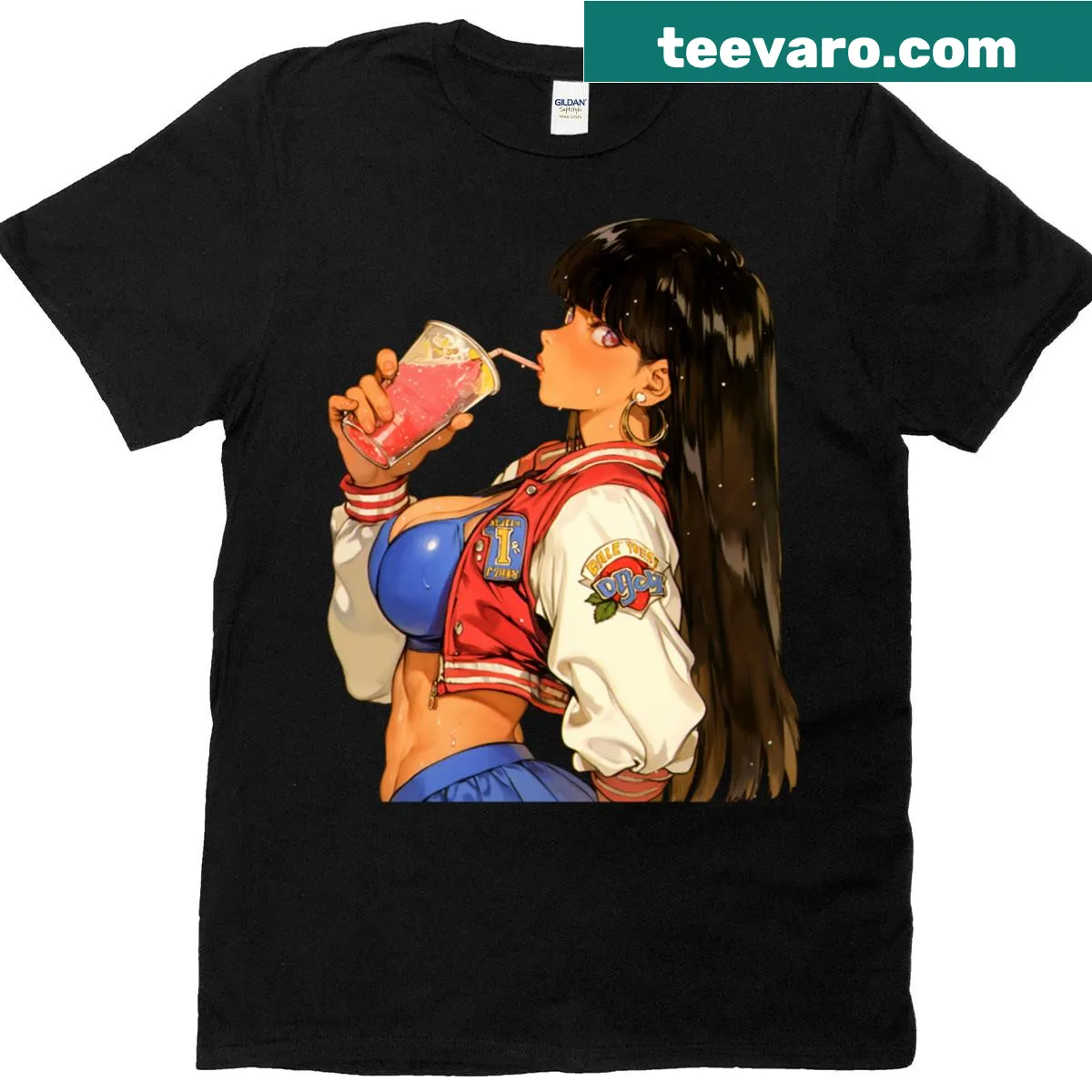 T-shirt featuring a playful waifu character enjoying a drink — on a men's t-shirt