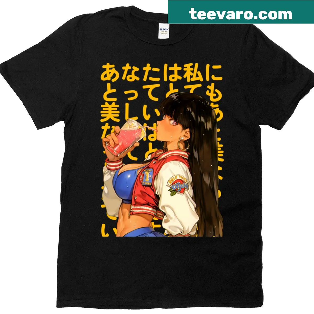 Anime waifu illustration with a juice drink on a T-shirt — on a men's t-shirt