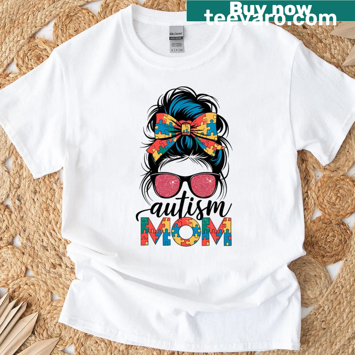 Cute Autism awareness shirt with messy bun and puzzle piece design — on a men's t-shirt
