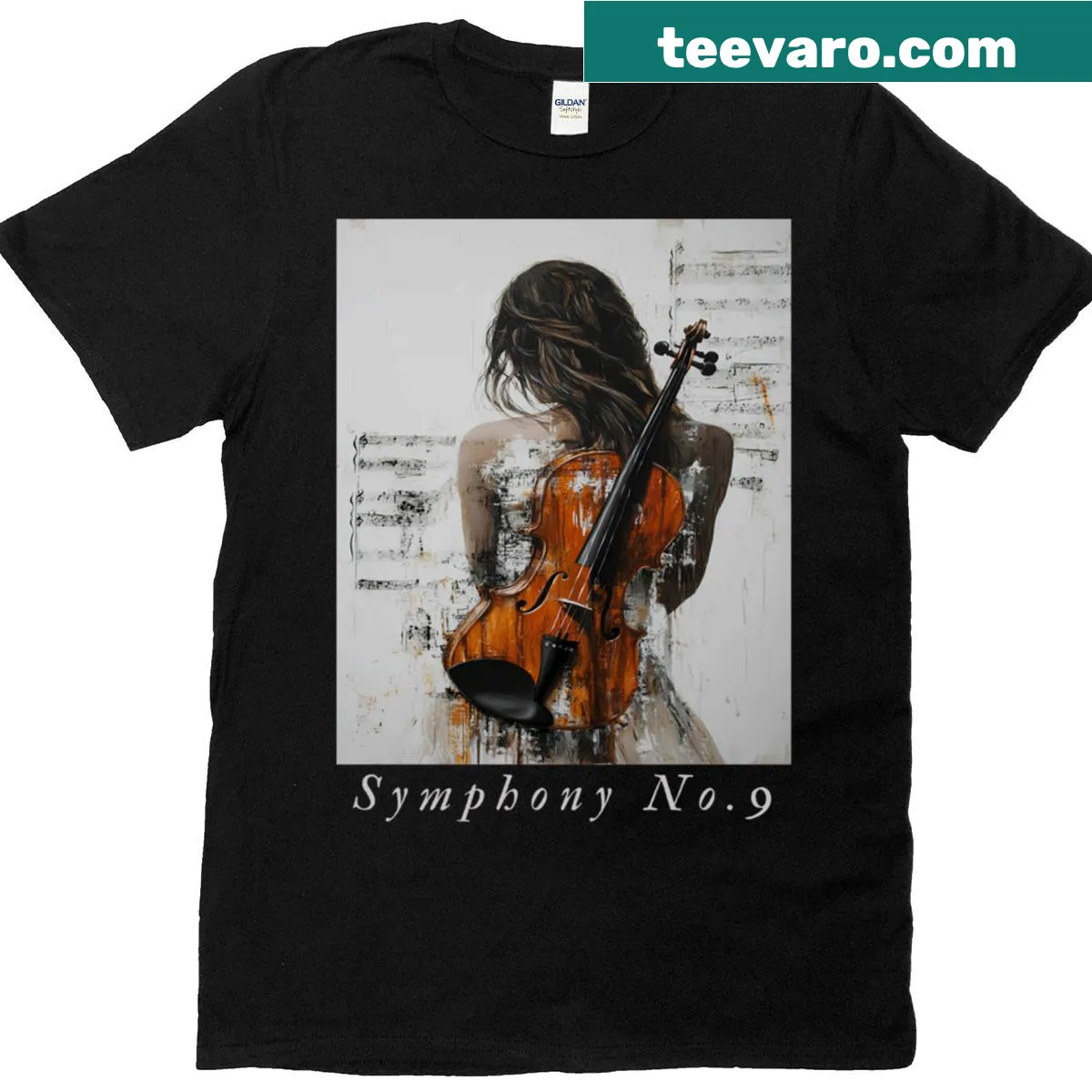 Illustrated tee featuring Beethoven's Symphony No. 9 with floral elements. — on a men's t-shirt