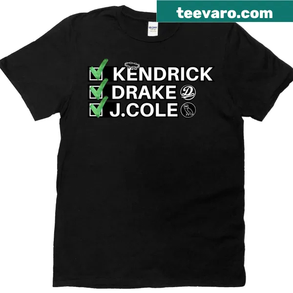 Hip hop debate t-shirt featuring Kendrick, Drake, and J Cole names.