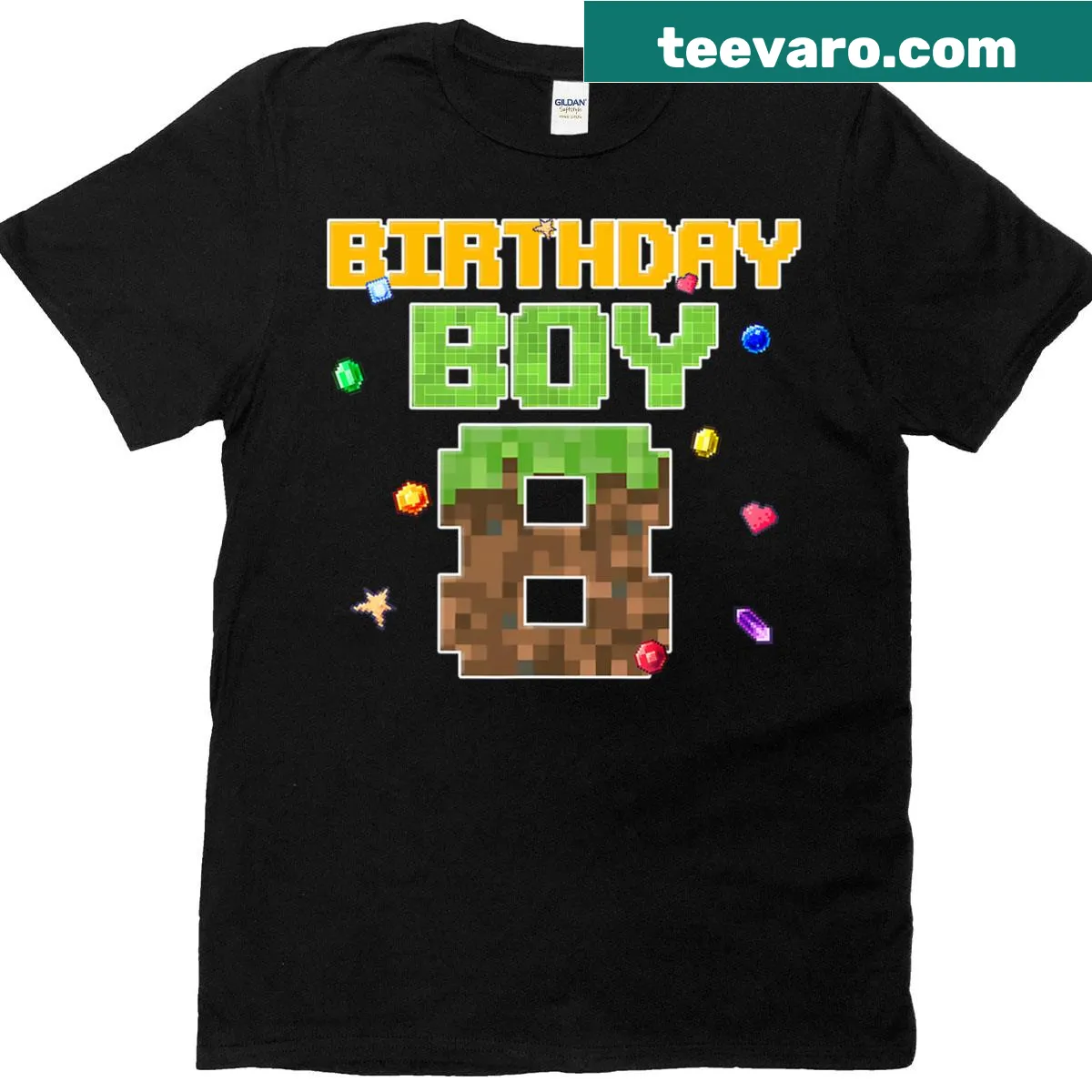 Pixelated birthday design for a boy's 8th birthday T-shirt — on a men's t-shirt