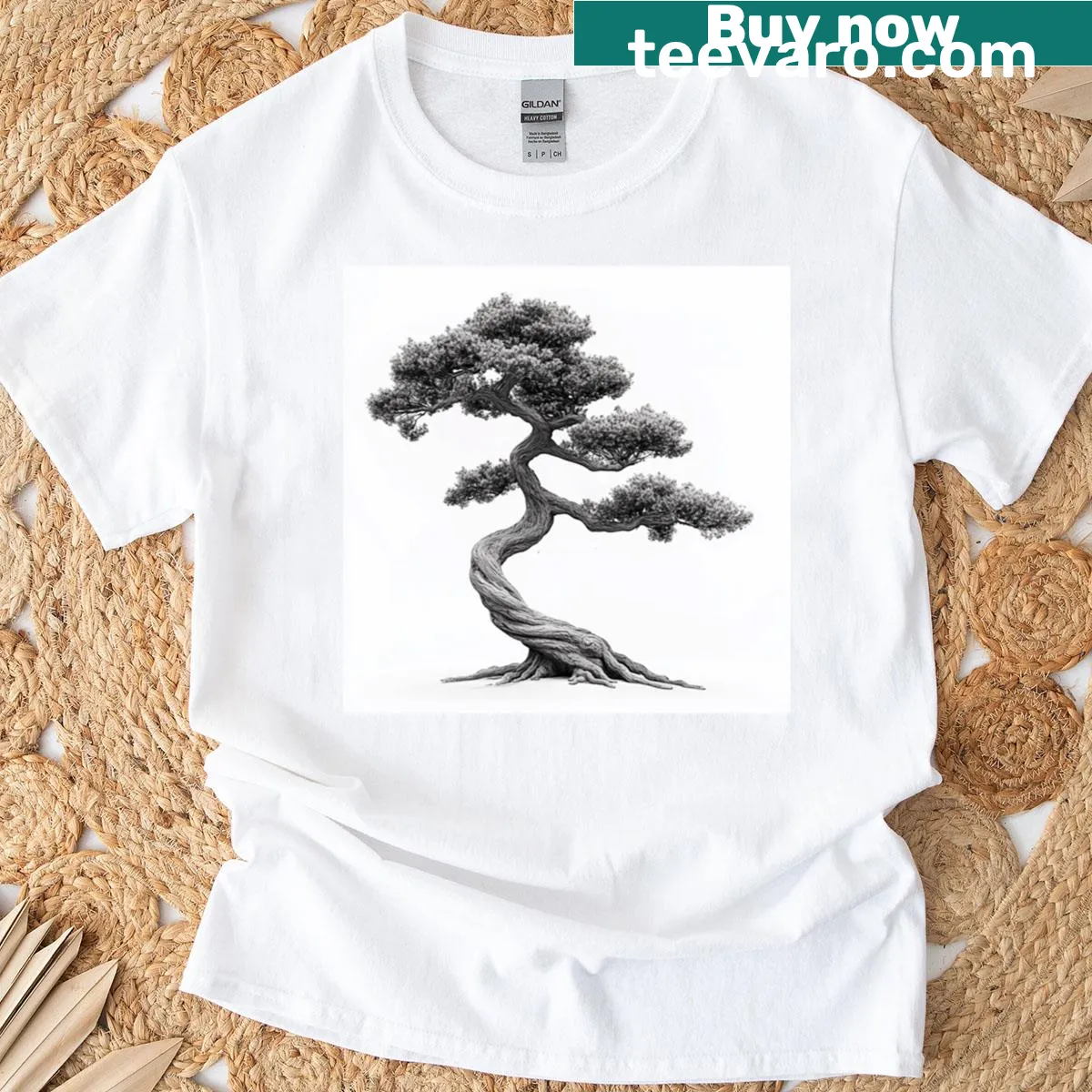 Minimalist art t-shirt featuring a serene bonsai tree design — on a men's t-shirt