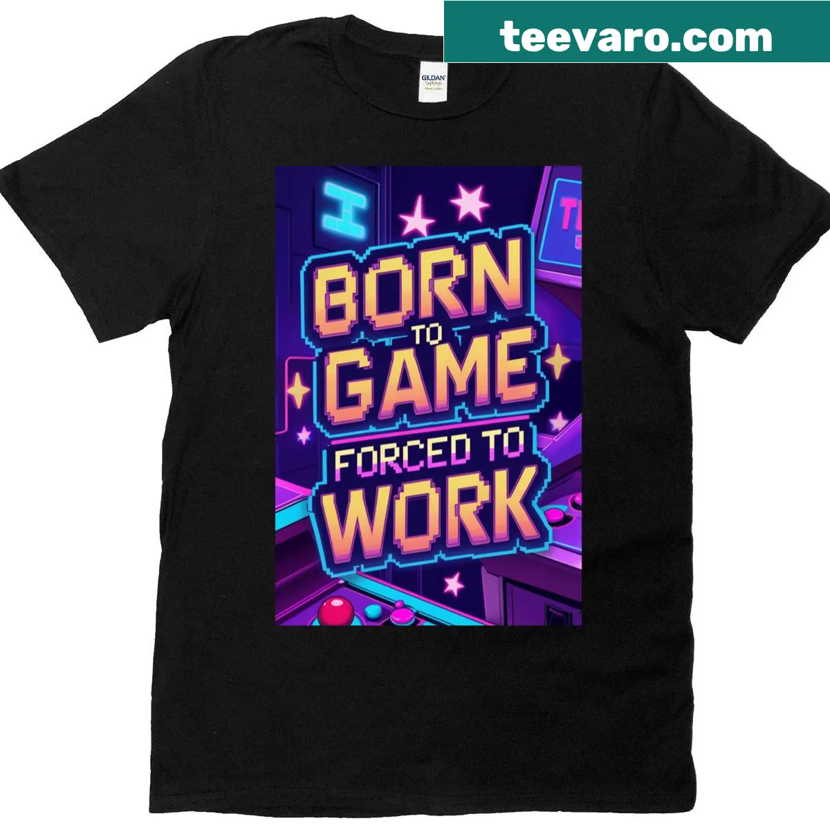 Retro arcade themed t-shirt highlighting gaming and work balance. — on a men's t-shirt