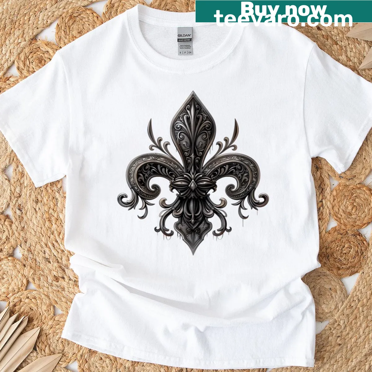T-shirt with a coat of arms design featuring a bronze lily illustration — on a men's t-shirt