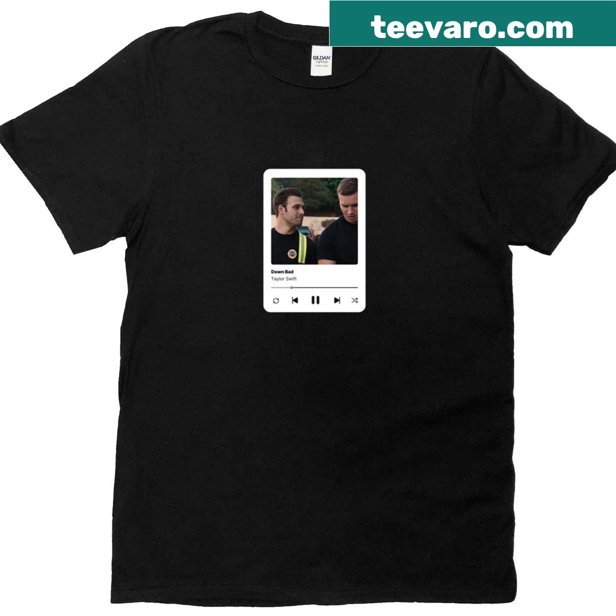 Funny t-shirt featuring the phrase 'Down Bad' in bold lettering. — on a men's t-shirt