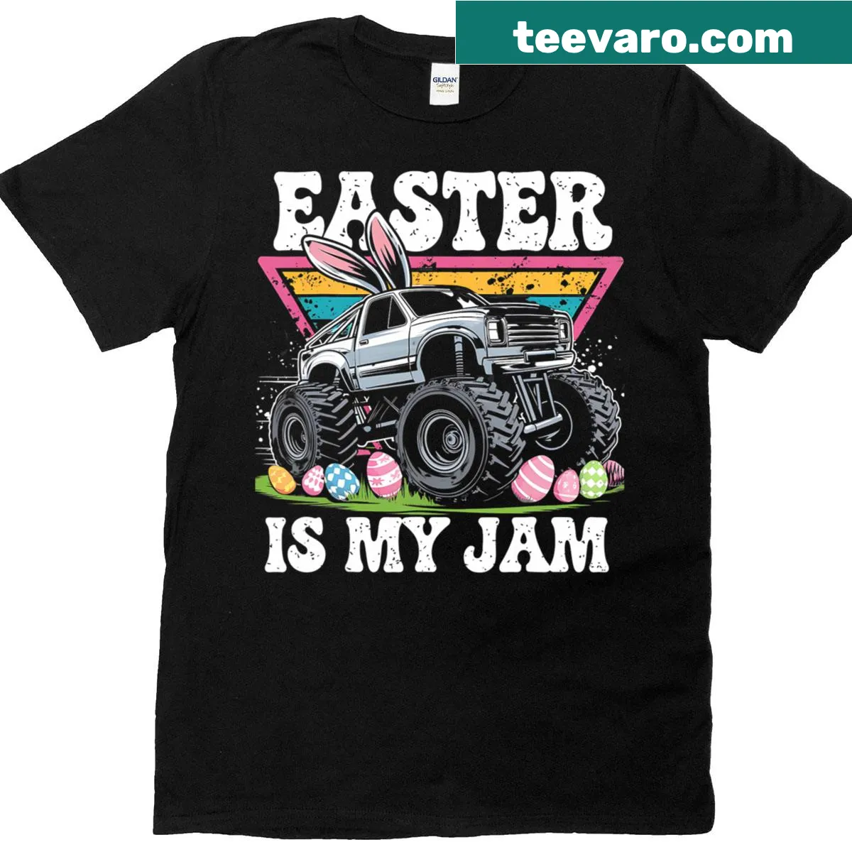 T-shirt featuring a bunny driving a monster truck celebrating Easter. — on a men's t-shirt
