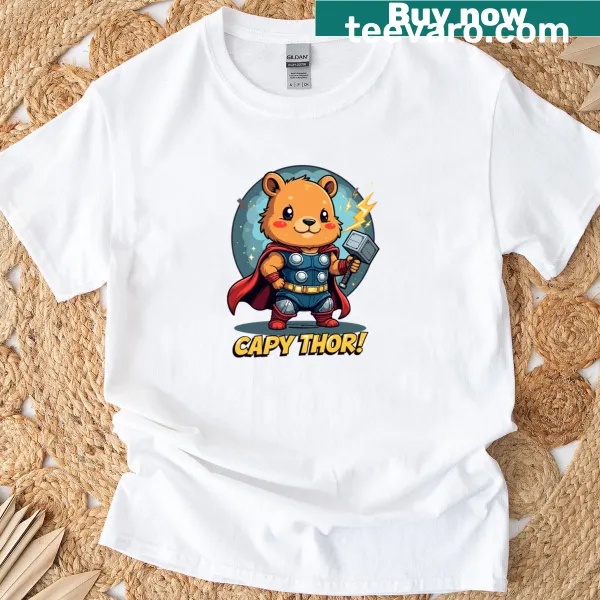 Superhero capybara T-shirt featuring Capy Thor design