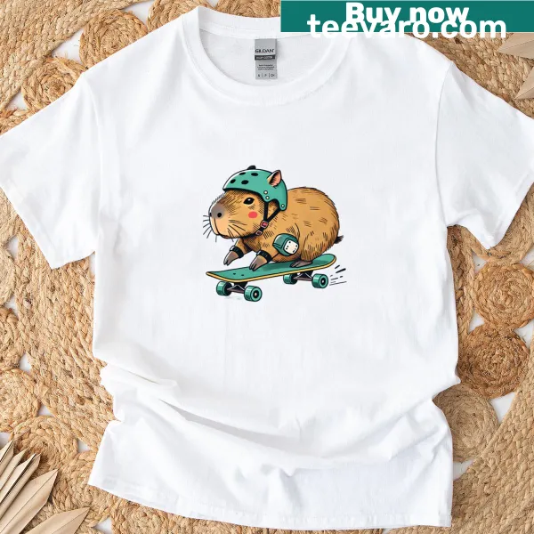 Capybara skateboarding design on a cheerful adventure t-shirt