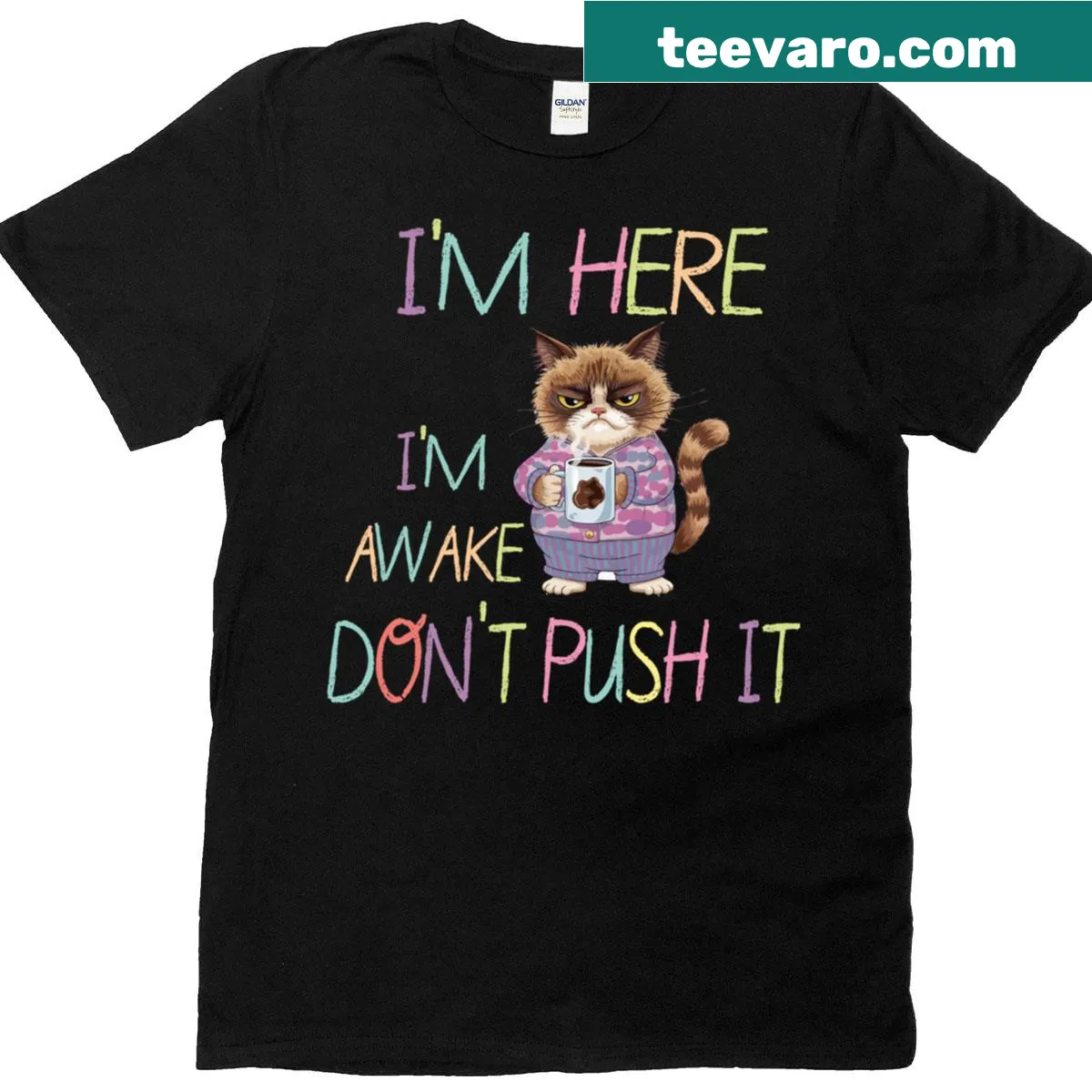 Humorous moody cat graphic with text on a playful t-shirt — on a men's t-shirt