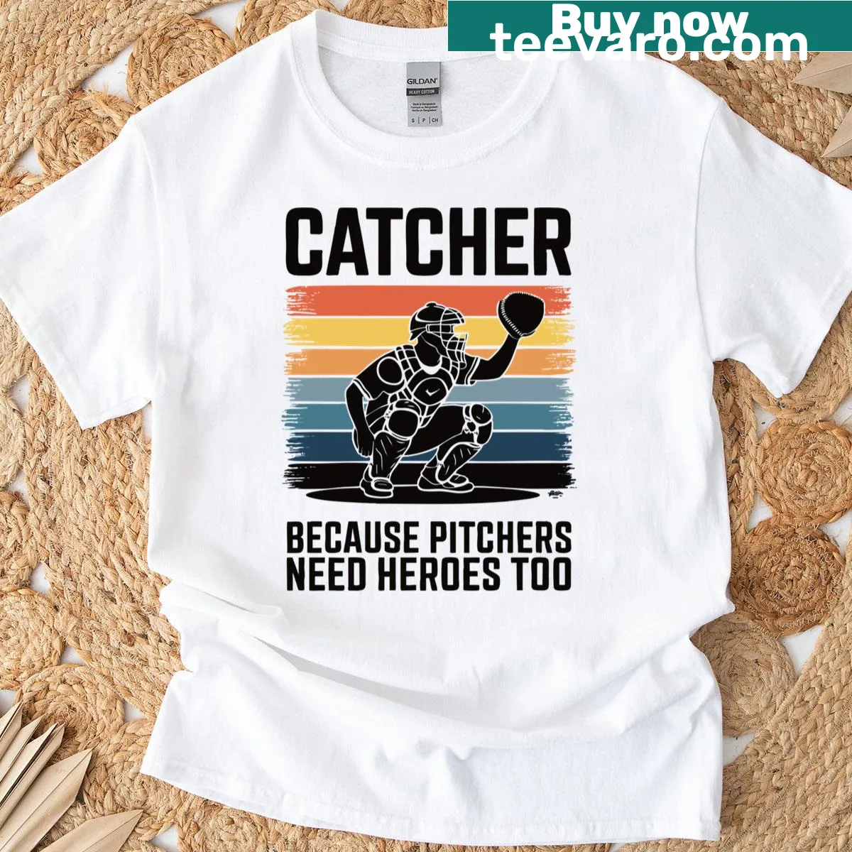Funny baseball catcher design T-shirt featuring an illustration of a catcher — on a men's t-shirt