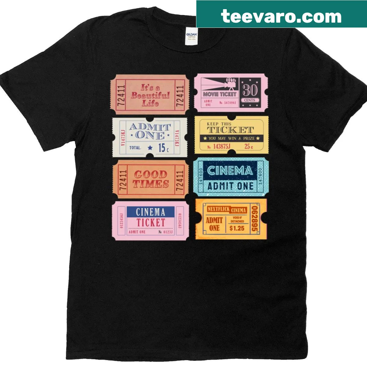 T-shirt featuring nostalgic cinema ticket illustration — on a men's t-shirt