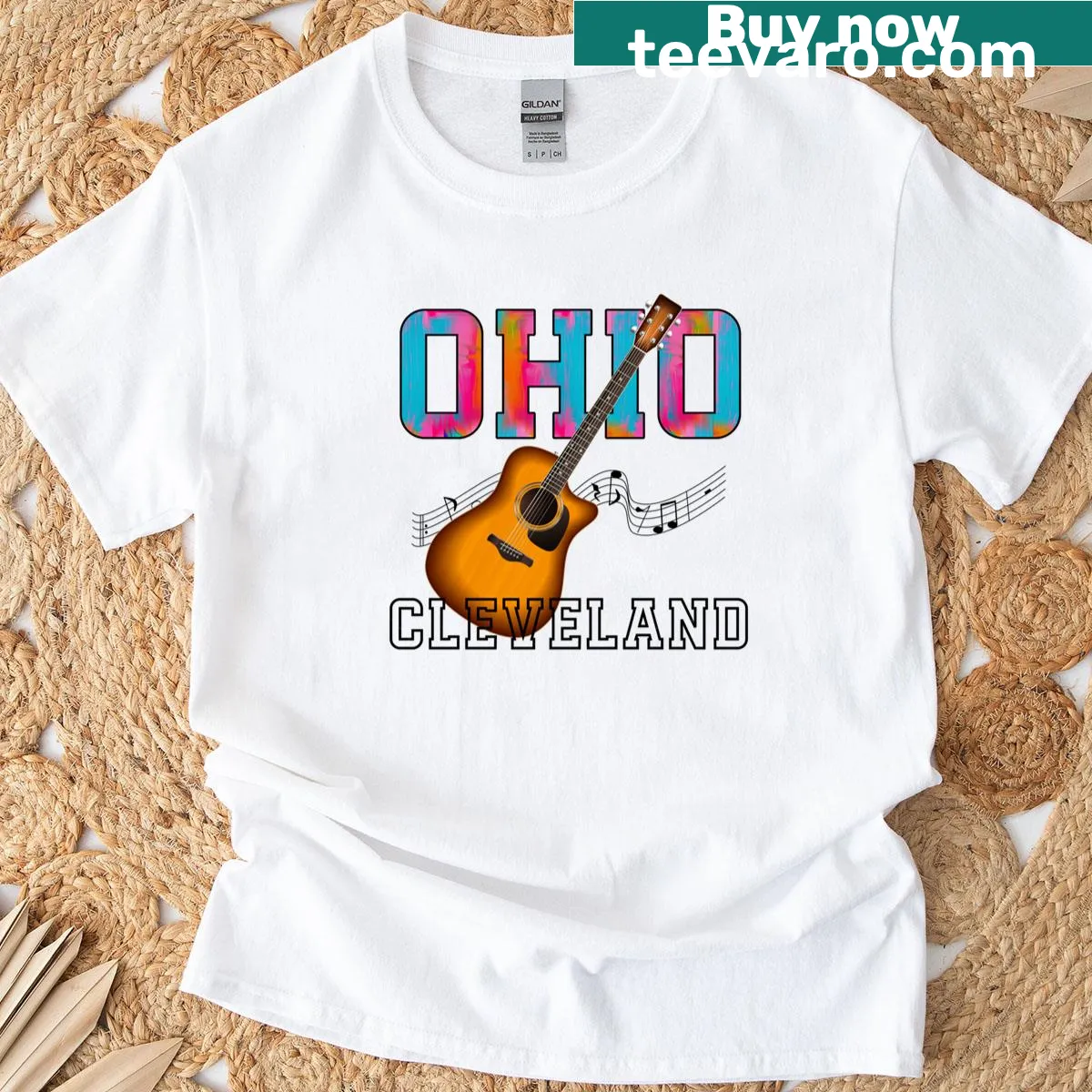 Guitar-themed T-shirt celebrating Cleveland's music scene — on a men's t-shirt
