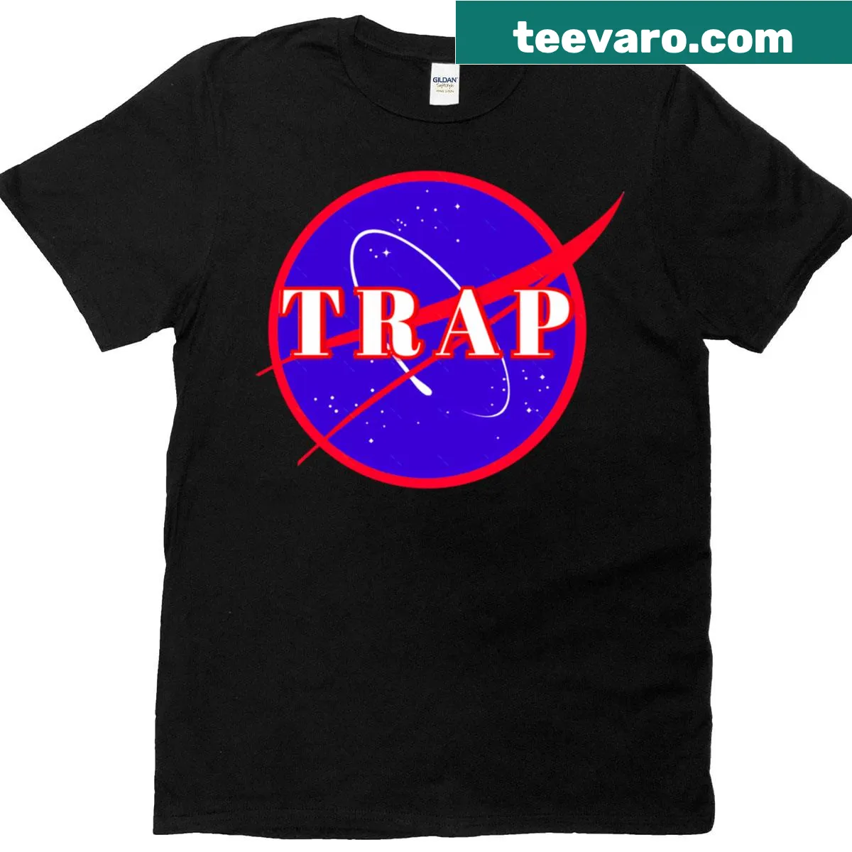 Graphic T-shirt featuring cosmic-themed typography celebrating trap music — on a men's t-shirt