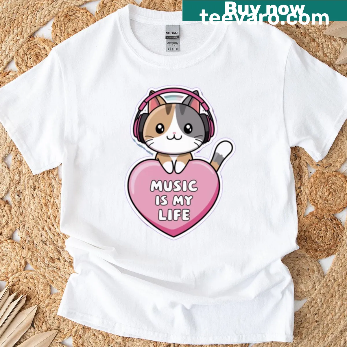 Kawaii T-shirt featuring a cute cat and musical elements — on a men's t-shirt