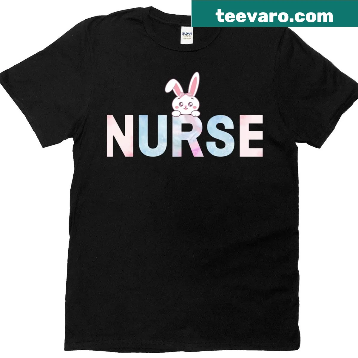 Cute T-shirt featuring a bunny nurse with a pink bow, perfect for Easter. — on a men's t-shirt