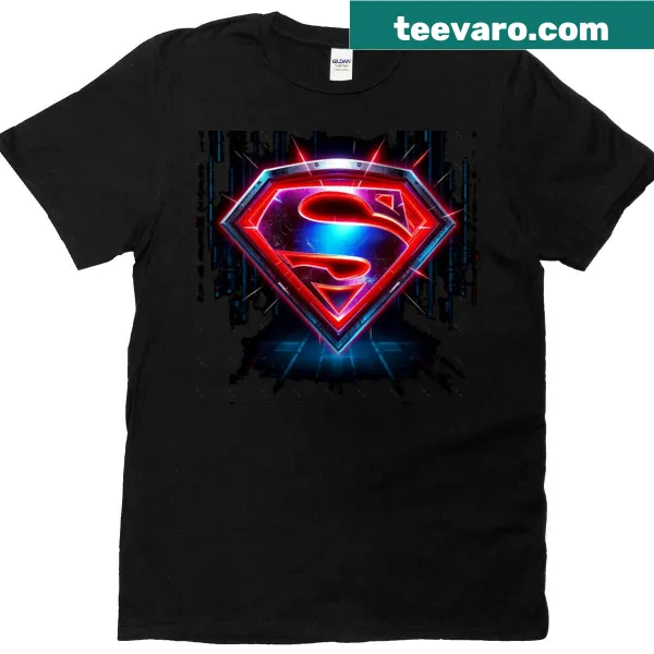 Futuristic neon superhero logo T-shirt with cyberpunk design