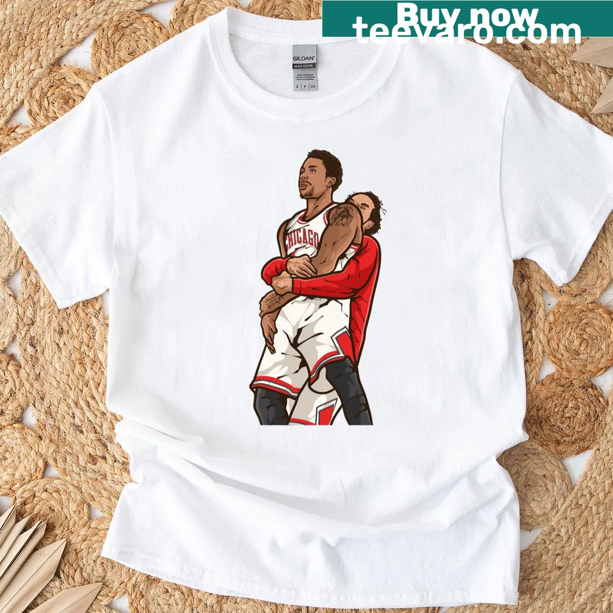 T-shirt featuring Derrick Rose and Joakim Noah in a game winner celebration. — on a men's t-shirt