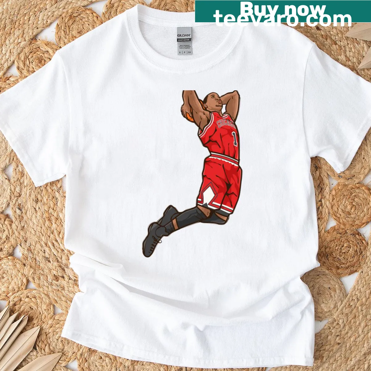 Cartoon graphic of Derrick Rose dunking on a t-shirt — on a men's t-shirt
