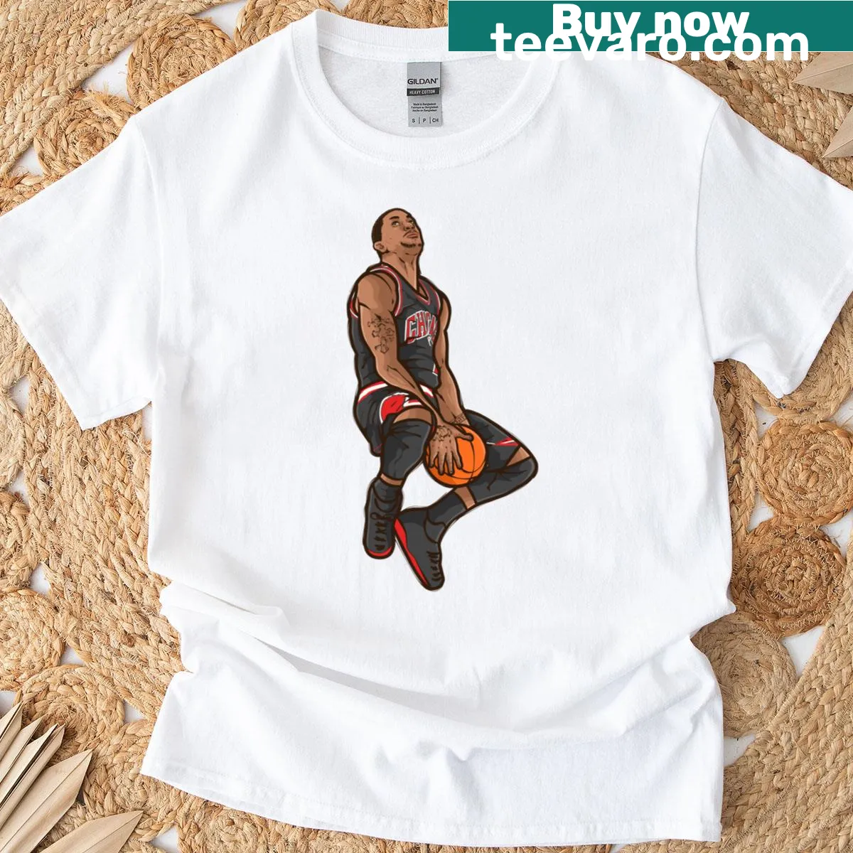 Cartoon of Derrick Rose performing a reverse dunk on a T-shirt — on a men's t-shirt