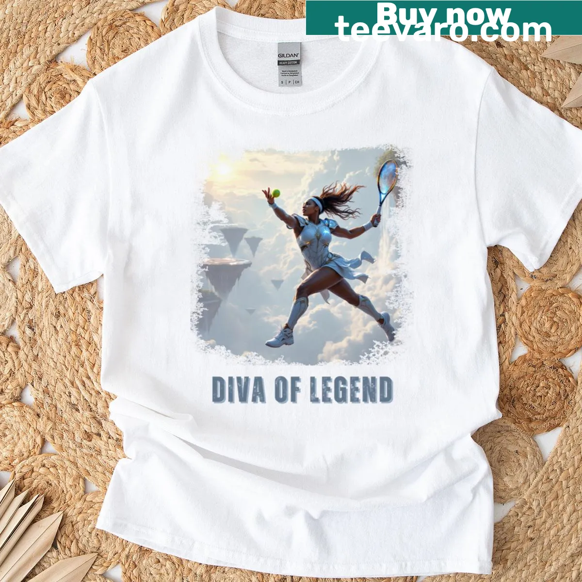 Celestial tennis warrior illustration on an essential t-shirt — on a men's t-shirt